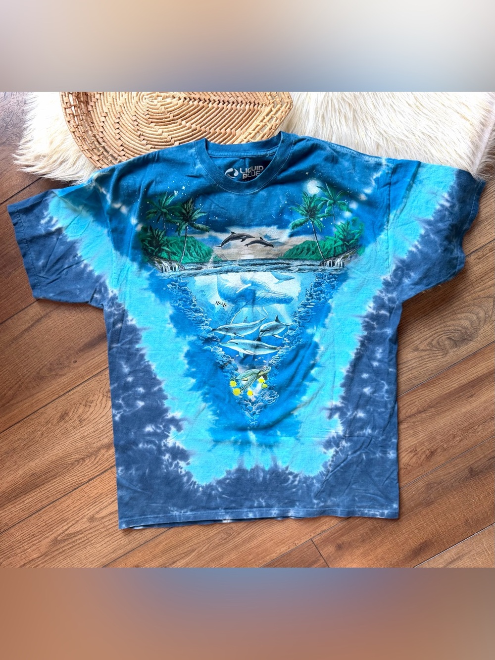 Vintage Y2K Liquid Blue Tie Dye Marine Life Dolphin Whale T-Shirt Size 2XL